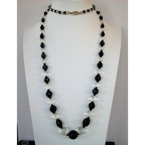 Vintage Black & Clear Crystal Beaded Necklace With Gold-Tone Clasp